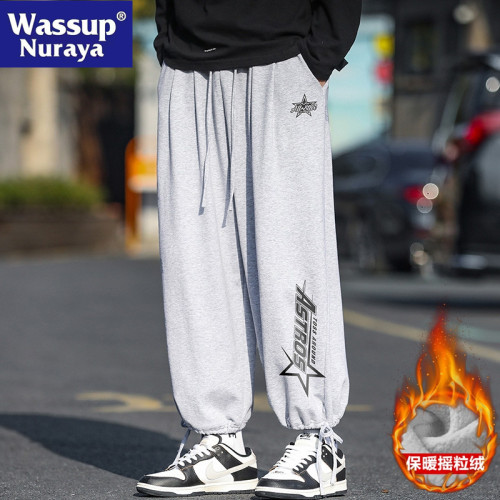 WASSUP NURAYA休閒褲男加絨加厚長褲潮牌束腳褲子青年百搭運動褲