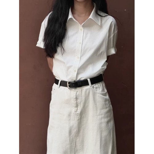 夏季款韓版復古短袖襯衫女寬松休閒設計感卷邊袖純棉洋氣時尚上衣