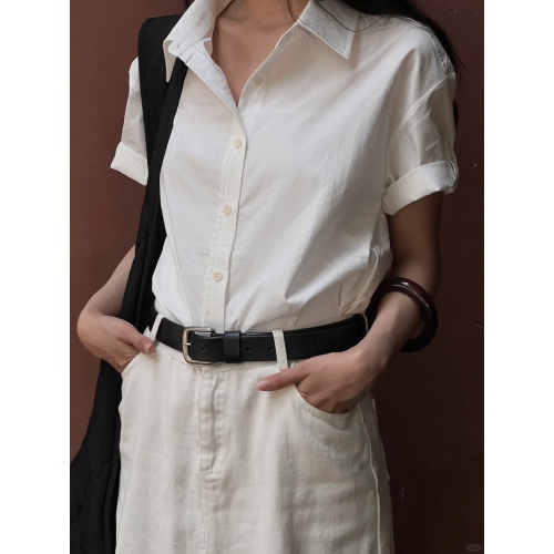 夏季款韓版復古短袖襯衫女寬松休閒設計感卷邊袖純棉洋氣時尚上衣