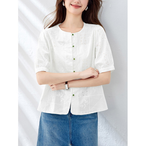 夏季純棉圓領短袖襯衫女刺綉鏤空小衫2025新款洋氣上衣女韓版襯衣