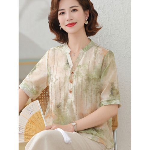 媽媽夏裝純棉麻襯衫短袖棉綢上衣中老年女寬松純棉T恤小衫兩件套