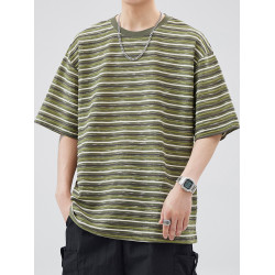 復古條紋短袖T恤男2025夏季潮牌日系上衣寬鬆圓領休閒半截袖體恤