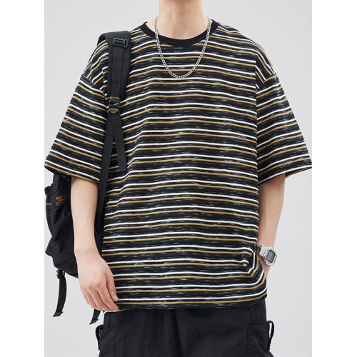 復古條紋短袖T恤男2025夏季潮牌日系上衣寬鬆圓領休閒半截袖體恤