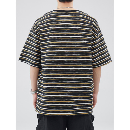 復古條紋短袖T恤男2025夏季潮牌日系上衣寬鬆圓領休閒半截袖體恤