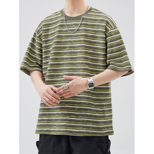 復古條紋短袖T恤男2025夏季潮牌日系上衣寬鬆圓領休閒半截袖體恤