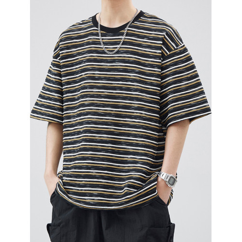 復古條紋短袖T恤男2025夏季潮牌日系上衣寬鬆圓領休閒半截袖體恤