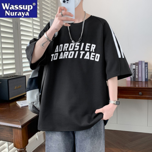 WASSUP NURAYA大碼條紋短袖T恤男寬松舒適休閒青年情侶學生半袖潮