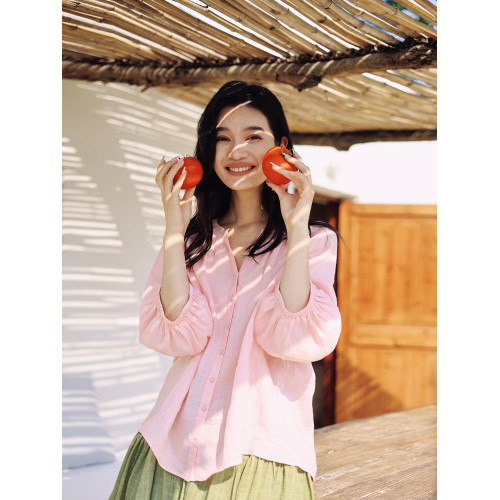 綻放388朵/【多巴胺】高支苧麻v領防曬小衫開門襟塔克七分袖襯衫