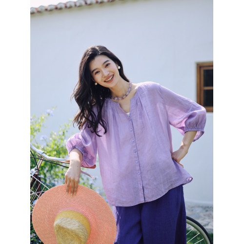綻放388朵/【多巴胺】高支苧麻v領防曬小衫開門襟塔克七分袖襯衫