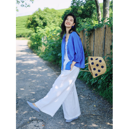 綻放388朵/【多巴胺】高支苧麻v領防曬小衫開門襟塔克七分袖襯衫