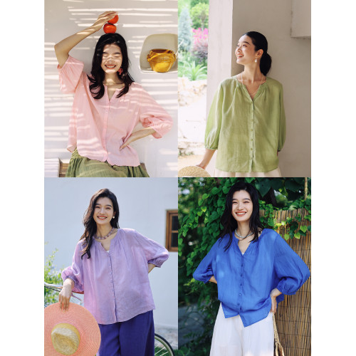 綻放388朵/【多巴胺】高支苧麻v領防曬小衫開門襟塔克七分袖襯衫