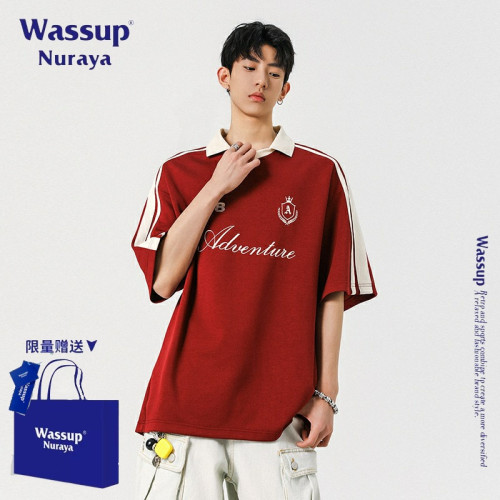 WASSUP NURAYA 美式潮牌字母印花翻領短袖T恤男新款寬松百搭上衣