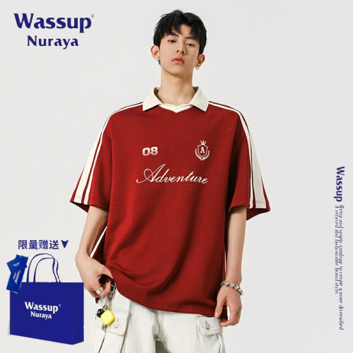 WASSUP NURAYA 美式潮牌字母印花翻領短袖T恤男新款寬松百搭上衣