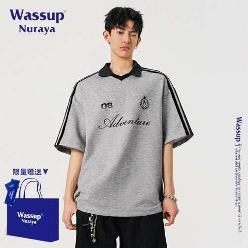 WASSUP NURAYA 美式潮牌字母印花翻領短袖T恤男新款寬松百搭上衣