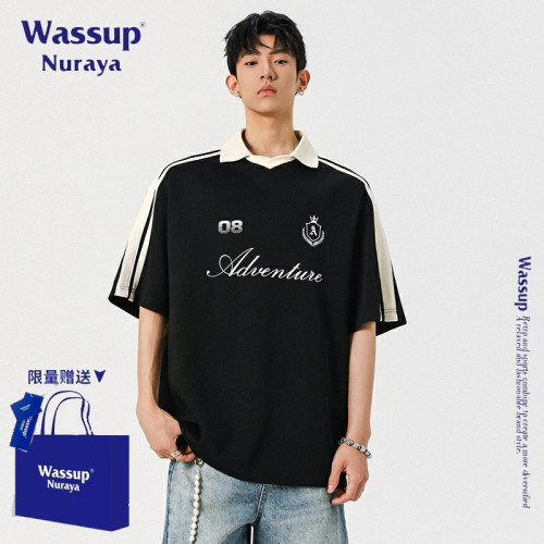 WASSUP NURAYA 美式潮牌字母印花翻領短袖T恤男新款寬松百搭上衣
