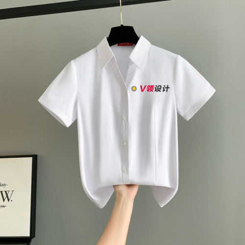 加大碼職業裝女襯衫短袖夏季通勤寬松工裝工作服V領白襯衣200斤
