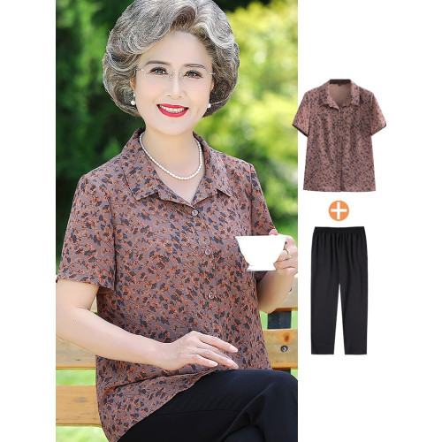 奶奶裝夏裝短袖襯衫女70嵗80媽媽太太上衣服90老年人夏季冰絲套裝