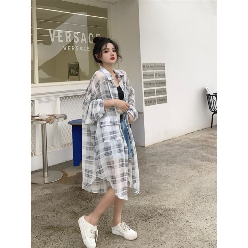 冰絲垂感大碼格子防曬襯衫女夏季韓版中長款寬松薄款上衣開衫外套