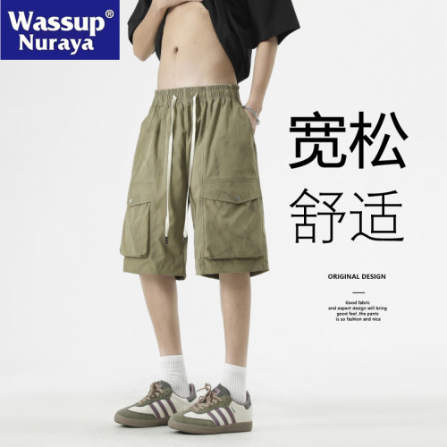 WASSUP NURAYA男短褲休閒夏季寬松工裝速乾直筒沙灘青年五分褲子