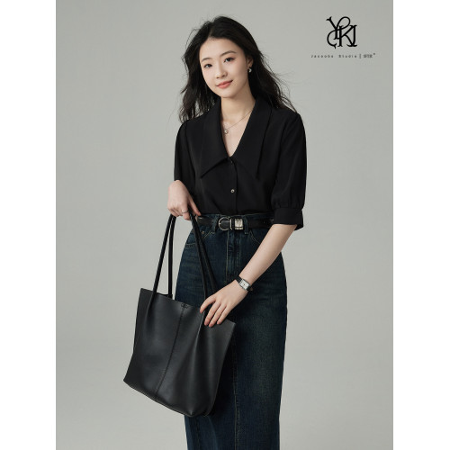 JACOOBS婭可家黑色襯衫女夏設計感小衆法式休閒氣質尖領短袖上衣