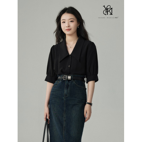 JACOOBS婭可家黑色襯衫女夏設計感小衆法式休閒氣質尖領短袖上衣