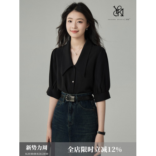 JACOOBS婭可家黑色襯衫女夏設計感小衆法式休閒氣質尖領短袖上衣