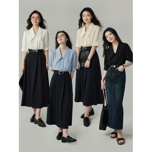 JACOOBS婭可家黑色襯衫女夏設計感小衆法式休閒氣質尖領短袖上衣