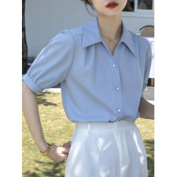 藍色短袖襯衫女夏季設計感小衆公務員雪紡襯衣高級感職業面試上衣
