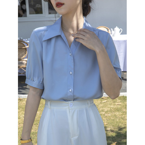 藍色短袖襯衫女夏季設計感小衆公務員雪紡襯衣高級感職業面試上衣
