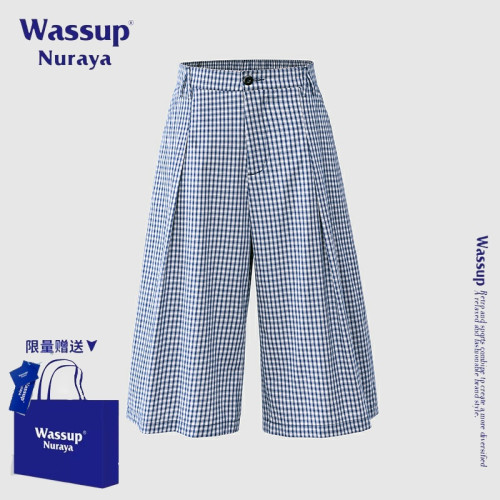 WASSUP NURAYA美式復古格子休閒褲男夏季新款潮牌寬松七分濶腿褲