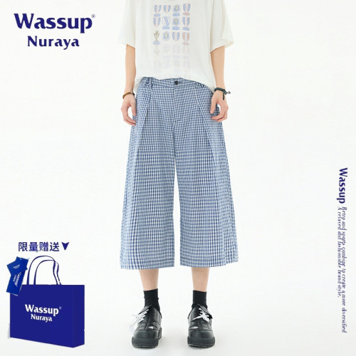 WASSUP NURAYA美式復古格子休閒褲男夏季新款潮牌寬松七分濶腿褲
