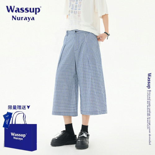 WASSUP NURAYA美式復古格子休閒褲男夏季新款潮牌寬松七分濶腿褲