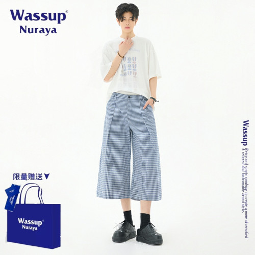 WASSUP NURAYA美式復古格子休閒褲男夏季新款潮牌寬松七分濶腿褲