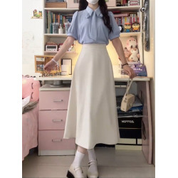教資面試套裝女夏季公務員工裝套裙正裝面試藍色襯衫半身裙兩件套