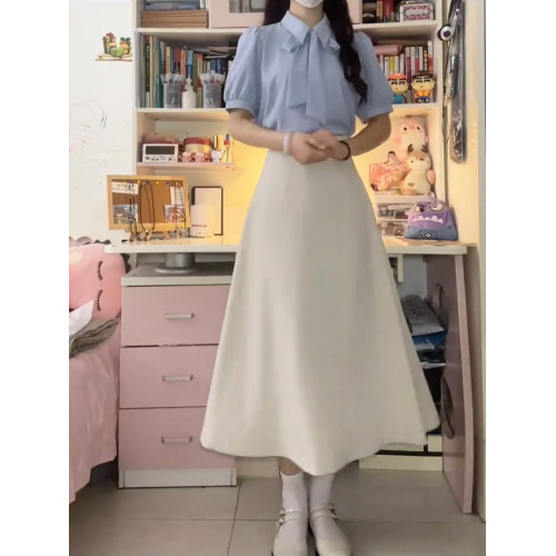 教資面試套裝女夏季公務員工裝套裙正裝面試藍色襯衫半身裙兩件套