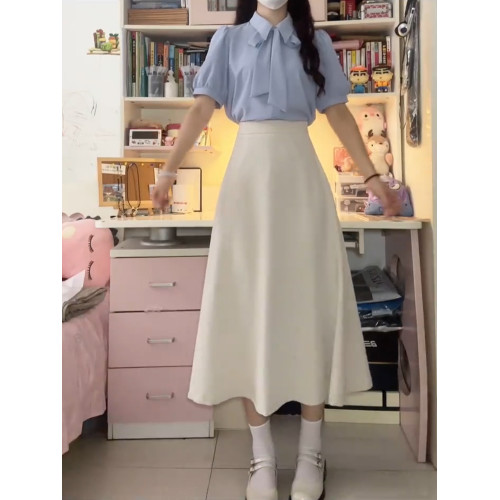 教資面試套裝女夏季公務員工裝套裙正裝面試藍色襯衫半身裙兩件套