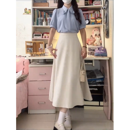 教資面試套裝女夏季公務員工裝套裙正裝面試藍色襯衫半身裙兩件套