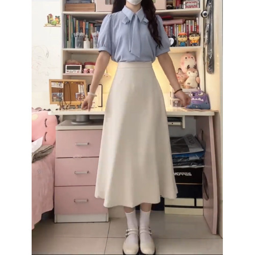 教資面試套裝女夏季公務員工裝套裙正裝面試藍色襯衫半身裙兩件套