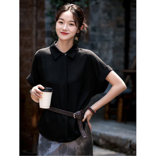 笑涵閣 高級知識分子風 簡約率性建宏縐真絲親膚襯衫小上衣25年