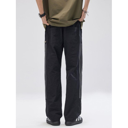 2025夏季新款美式復古拼接條紋休閒褲男潮牌寬鬆速乾抽繩直筒褲