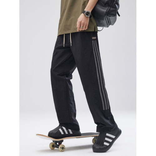 2025夏季新款美式復古拼接條紋休閒褲男潮牌寬鬆速乾抽繩直筒褲