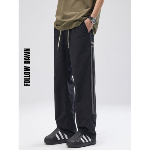 2025夏季新款美式復古拼接條紋休閒褲男潮牌寬鬆速乾抽繩直筒褲