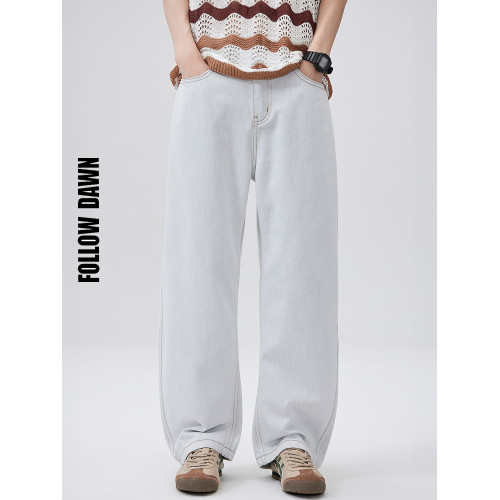 美式休閒白色牛仔褲男2025新款百搭春季潮牌濶腿直筒長褲子