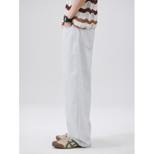 美式休閒白色牛仔褲男2025新款百搭春季潮牌濶腿直筒長褲子