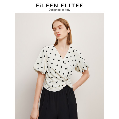 【硃珠同款】朗姿歐洲EiLEEN ELITEE泡泡袖波點襯衫夏季新款襯衣