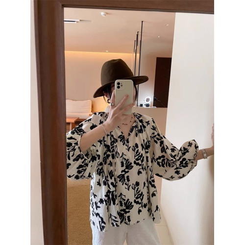法式泡泡袖慵懶風碎花襯衫女夏季2025年新款長袖娃娃衫上衣女