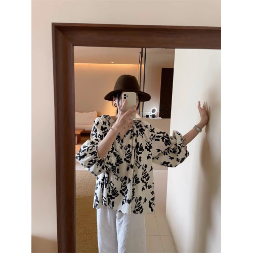 法式泡泡袖慵懶風碎花襯衫女夏季2025年新款長袖娃娃衫上衣女