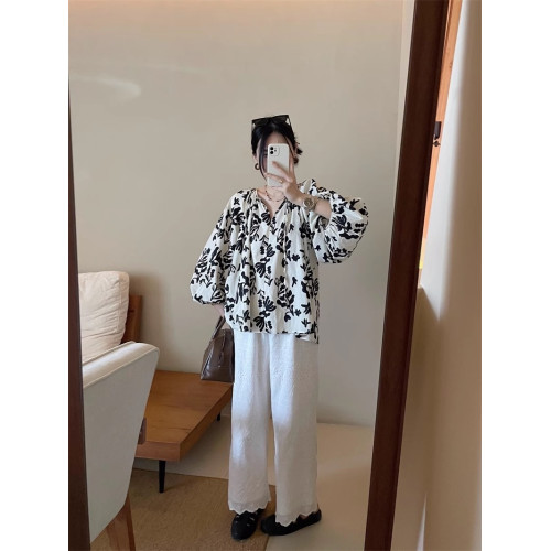 法式泡泡袖慵懶風碎花襯衫女夏季2025年新款長袖娃娃衫上衣女