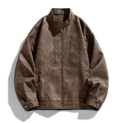 WASSUP Nuraya潮牌復古棕色立領皮衣外套男高級情侶休閒百搭夾克
