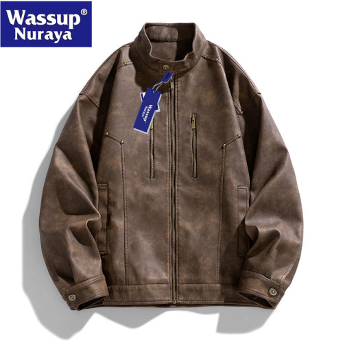WASSUP Nuraya潮牌復古棕色立領皮衣外套男高級情侶休閒百搭夾克 WASSUP Nuraya潮牌復古棕色立領皮衣外套男高級情侶休閒百搭夾克